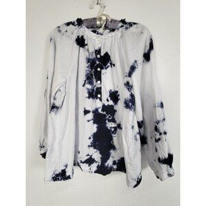 Raquel Allegra Womens Tie-Dye Long Sleeve Button Blouse Blue/White 100% Cotton